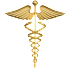 Golden caduceus symbol with two snakes and wings on a white background.