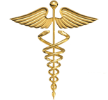 Golden caduceus symbol with two snakes and wings on a white background.