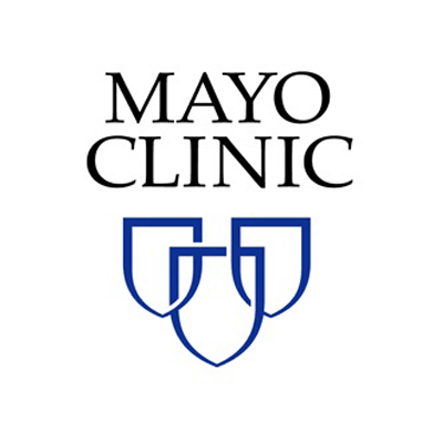 Logo of Mayo Clinic with three blue shields and text.