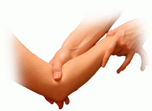 A person massaging their elbow with their hand.